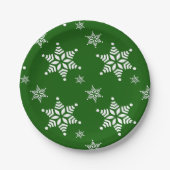 スノーフレーク・パターン、白い雪、雪、緑 ペーパープレート (正面)