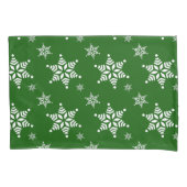 スノーフレーク・パターン、白い雪、雪、緑 枕カバー (正面)