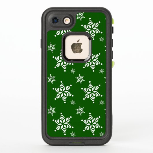 スノーフレーク・パターン、白い雪、雪、緑 LifeProof iPhoneケース (裏面)