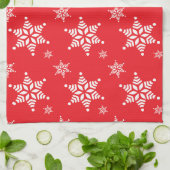 スノーフレーク・パターン、白い雪、雪、赤 キッチンタオル (折り畳み)