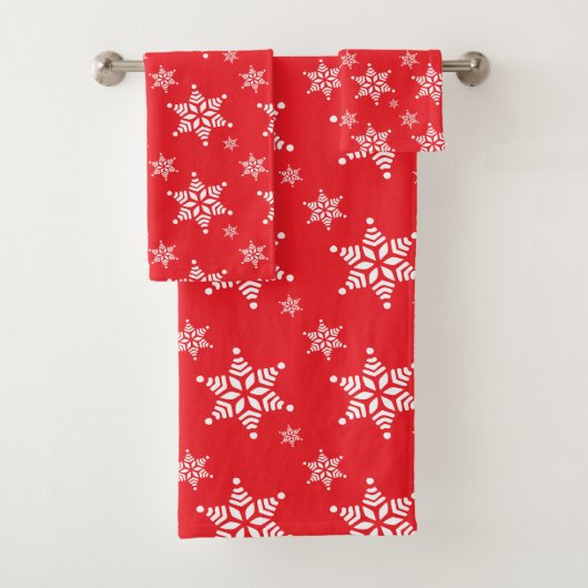 スノーフレーク・パターン、白い雪、雪、赤 バスタオルセット (インサイチュ)