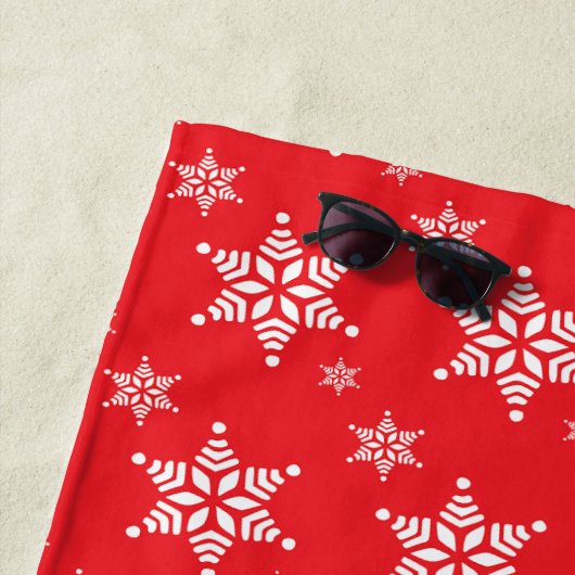 スノーフレーク・パターン、白い雪、雪、赤 ビーチタオル (インサイチュ)