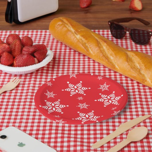 スノーフレーク・パターン、白い雪、雪、赤 ペーパープレート (ピクニック)