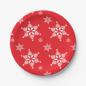スノーフレーク・パターン、白い雪、雪、赤 ペーパープレート (正面)