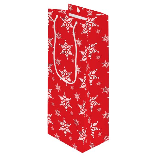スノーフレーク・パターン、白い雪、雪、赤 ワインギフトバッグ (正面アングル)
