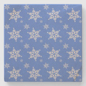 スノーフレーク・パターン、白い雪、雪、青 ストーンコースター (正面)