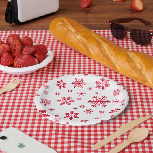 スノーフレーク・パターン、赤い雪、雪、白 ペーパープレート (ピクニック)