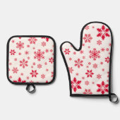 スノーフレーク・パターン、赤い雪、雪、白 鍋つかみ&鍋敷きセット (正面)