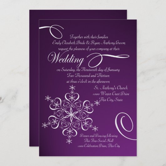スノーフレーク・パープル冬の結婚式 招待状 (正面/裏面)