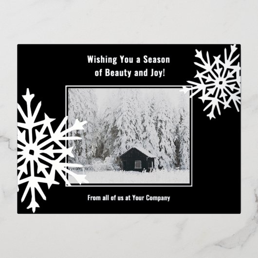スノーフレーク・フォイル・アクセント・ビジネス・ホリデー・カード 箔シーズンポストカード (正面)