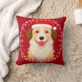 スノーフレーク・フレームのサンタハットを着た犬 クッション (ブランケット)
