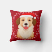 スノーフレーク・フレームのサンタハットを着た犬 クッション (裏面)