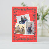 スノーフレーク フレーム 赤 3 枚の写真 - 3x5 クリスマス カード (スタンド正面)