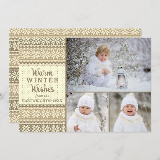 スノーフレーク・ブラウンセーター暖かい冬の願い3写真 シーズンカード (正面/裏面)