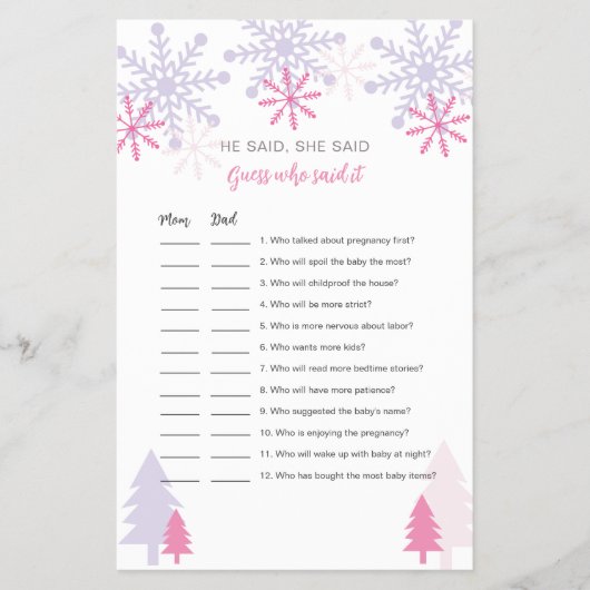 スノーフレーク ベビーシャワー 誰が言ったゲーム チラシ (正面)