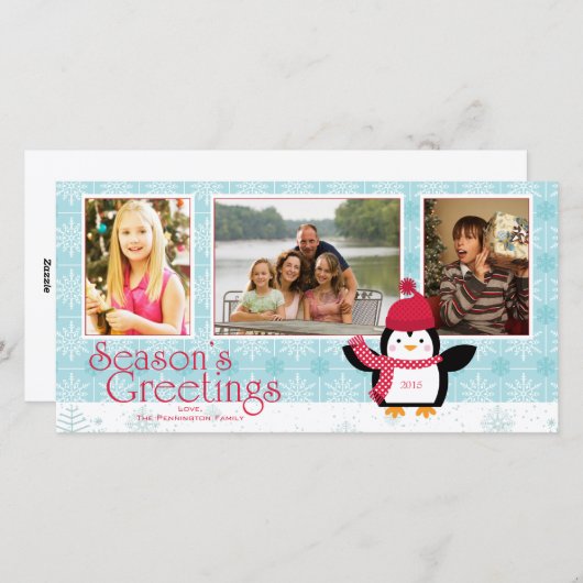 スノーフレーク・ペンギン・シーズンの挨拶3枚の写真カード シーズンカード (正面/裏面)