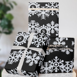 スノーフレーク モノグラム ブラック クリスマス ギフト包装紙 ラッピングペーパー