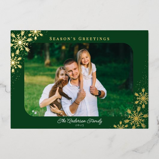 スノーフレーク ラウンドコーナー 写真 クリスマス ゴールド 箔シーズンカード (正面)