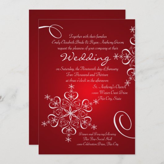 スノーフレーク・レッド・ウィンター・ウェディング 招待状 (正面/裏面)