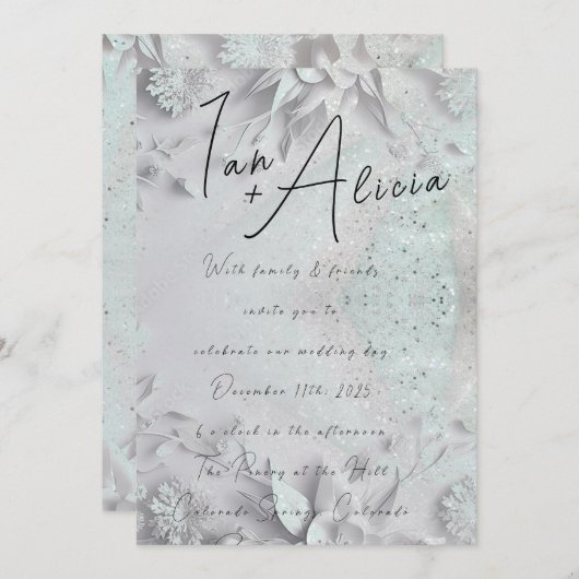 スノーフレーク&花びらスクエア結婚式招待状 招待状 (正面/裏面)