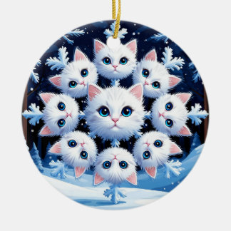 スノーフレーク・顔をキュートな白猫 セラミックオーナメント