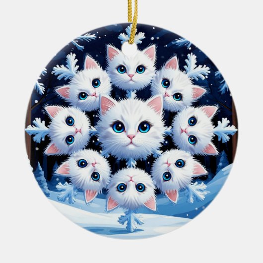 スノーフレーク・顔をキュートな白猫 セラミックオーナメント (正面)