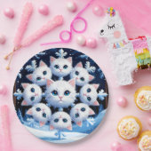 スノーフレーク・顔をキュートな白猫 ペーパープレート (パーティー)