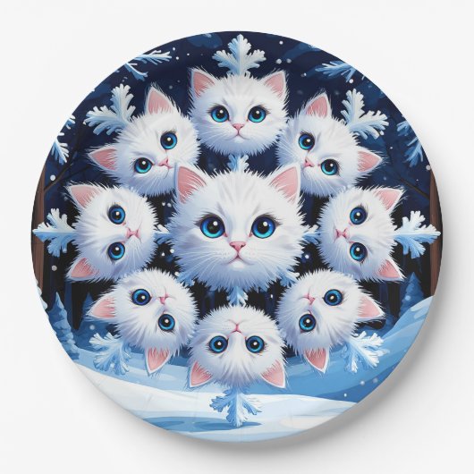 スノーフレーク・顔をキュートな白猫 ペーパープレート (正面)
