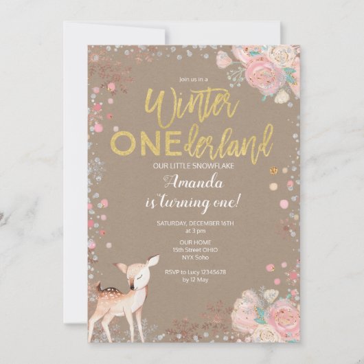 スノーフレークONEderland第1誕生日招待状クラフト 招待状 (正面)