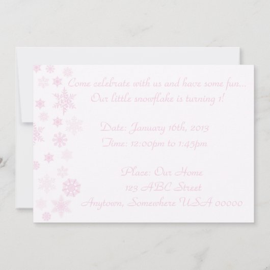 スノーフレークOnederland 1stバースデーピンク 招待状 (裏面)