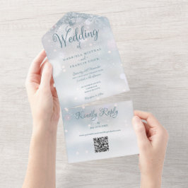 スノーフレークQRコードモノグラム 冬の結婚式 オールインワン招待状