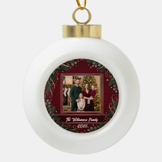 スノーフレームの家族写真 クリスマスの陶器 セラミックボールオーナメント (正面)