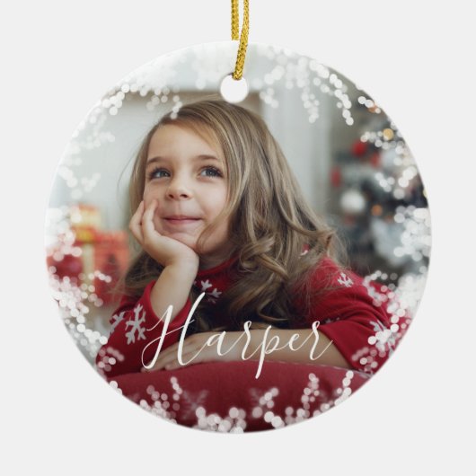 スノーフレームミニマル2枚フォト名前をカスタムするスクリプト セラミックオーナメント (正面)
