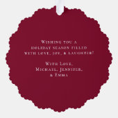 スノーベリモダンー緑リースバーガンディ写真 オーナメントカード (裏面)