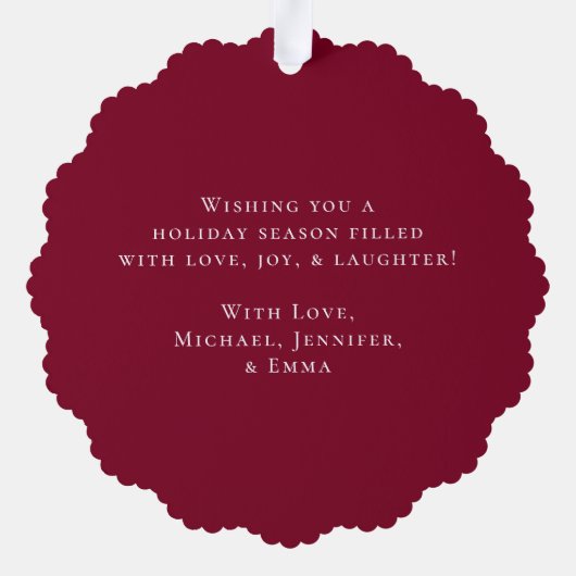 スノーベリモダンー緑リースバーガンディ写真 オーナメントカード (裏面)