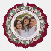 スノーベリモダンー緑リースバーガンディ写真 オーナメントカード (正面)
