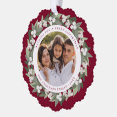 スノーベリモダンー緑リースバーガンディ写真 オーナメントカード (左)