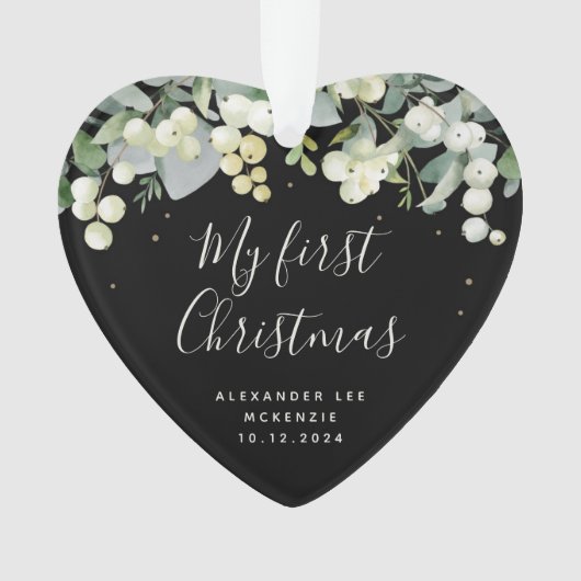 スノーベリーベイビーの初めてのクリスマス フォト ハート オーナメント (正面)