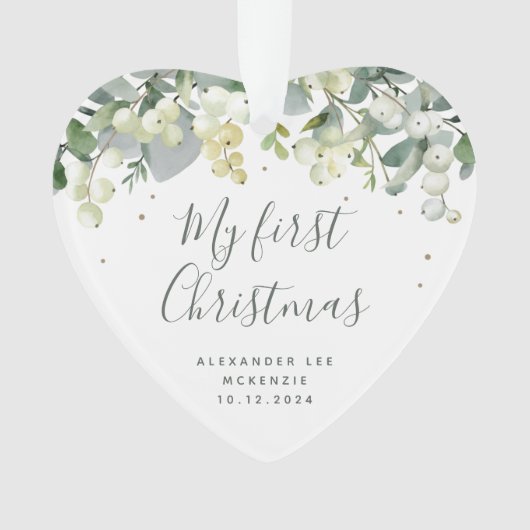 スノーベリーベビーの初めてのクリスマス写真ハート オーナメント (正面)