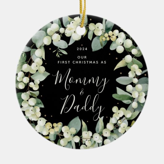 スノーベリー初めてのクリスマスを親の写真として セラミックオーナメント (正面)