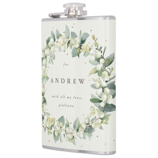 スノーベリー&ユーカリの花輪 結婚式のオーダーメイド フラスク (左)