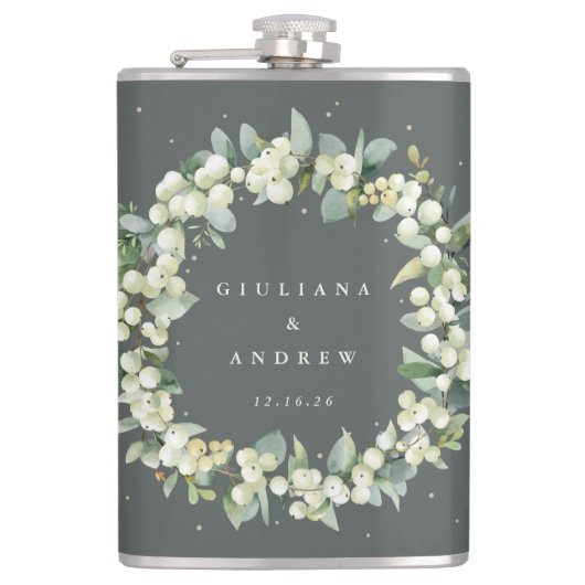 スノーベリー&ユーカリパーソナライズされたリース結婚ズ フラスク (正面)