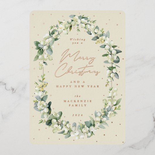 スノーベリー+ユーカリプタスボタニカルフレームクリスマス 箔シーズンカード (正面)