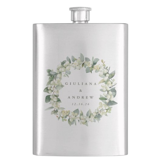スノーベリー&ユーカリ ウェディング リング 誕生 フラスク (正面)