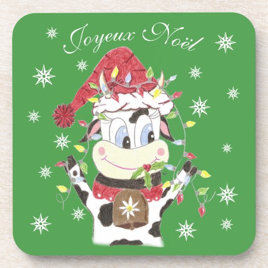 スノーベル牛とクリスマスライトのコースター コースター (正面)