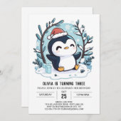 スノーペンギン魅力的デジタル誕生日 招待状 (正面/裏面)