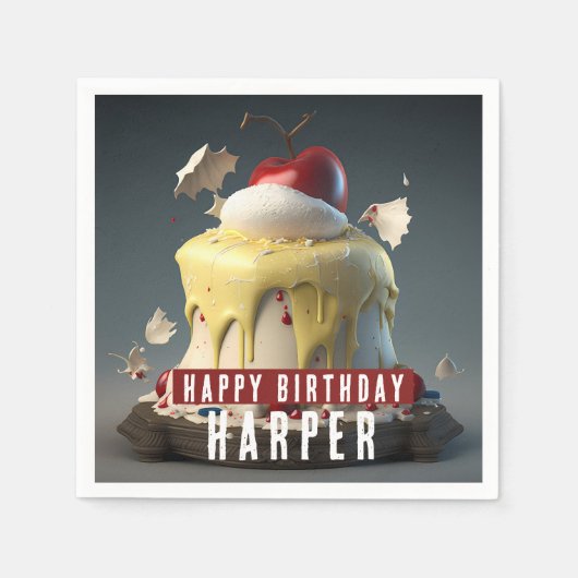 スノーホワイトをテーマにしたお誕生日ケーキカスタマイズ可能紙 スタンダードカクテルナプキン (正面)