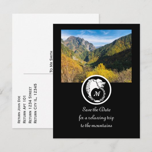 スノーホワイトウルフシルエットローレルモノグラム写真 インビテーションポストカード (正面/裏面)