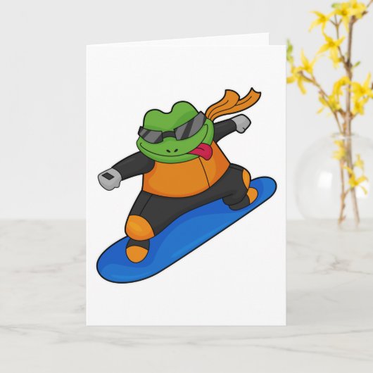 スノーボーダーとしてのカエルとスノーボード カード (黄色い花)
