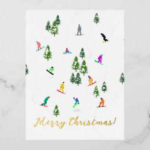スノーボーダースノーボーディングイラストレーションクリスマス 箔シーズンポストカード